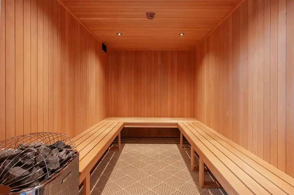 The cedar-lined sauna with tiered benches