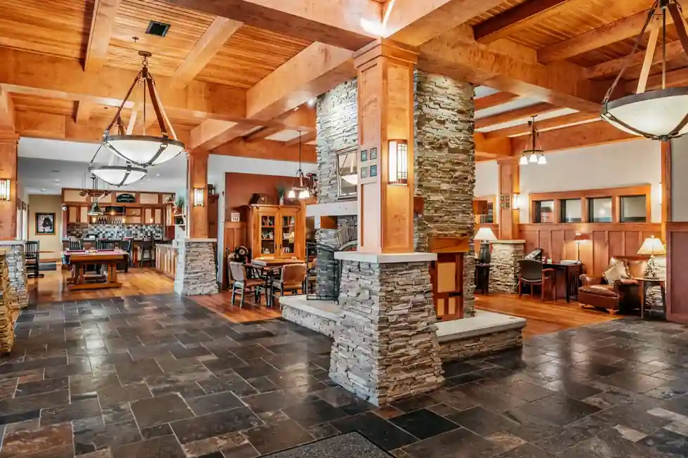 Stone hearth and slate floor in the Main Lodge great room